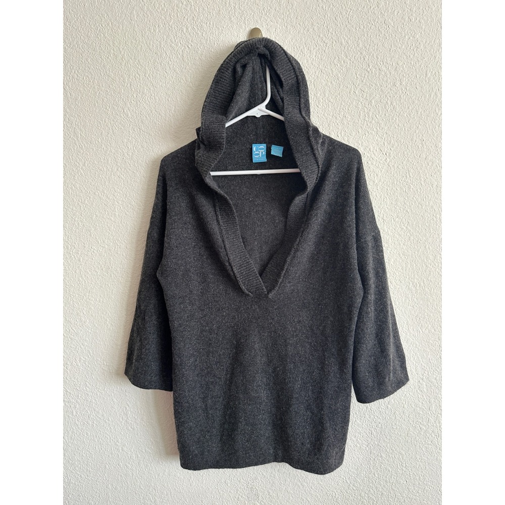 Barneys New York CO-OP Gray Wool Cashmere V-Neck Hooded Sweater Minimalist L